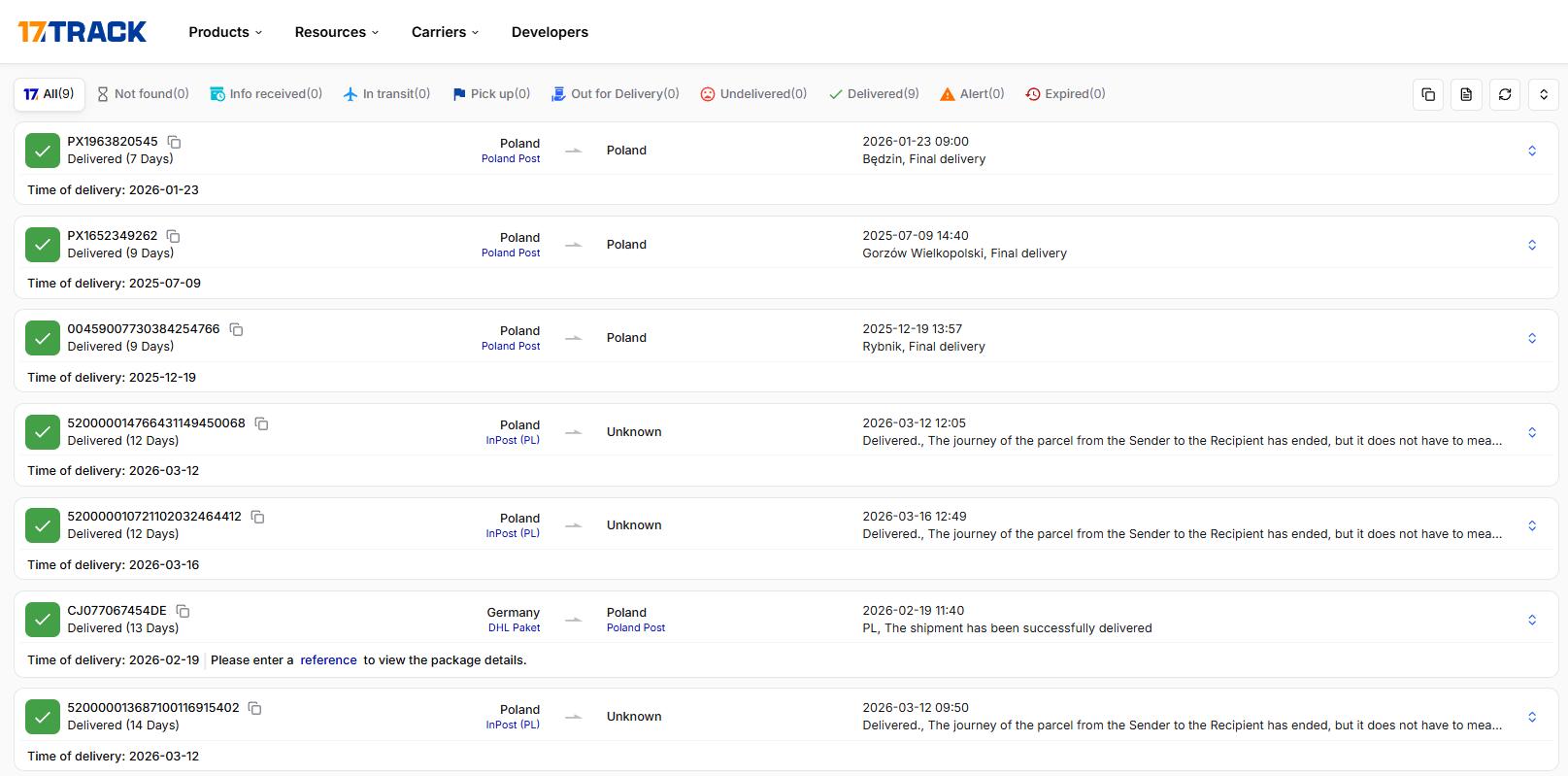 17TRACK Screenshot Poland Delivery